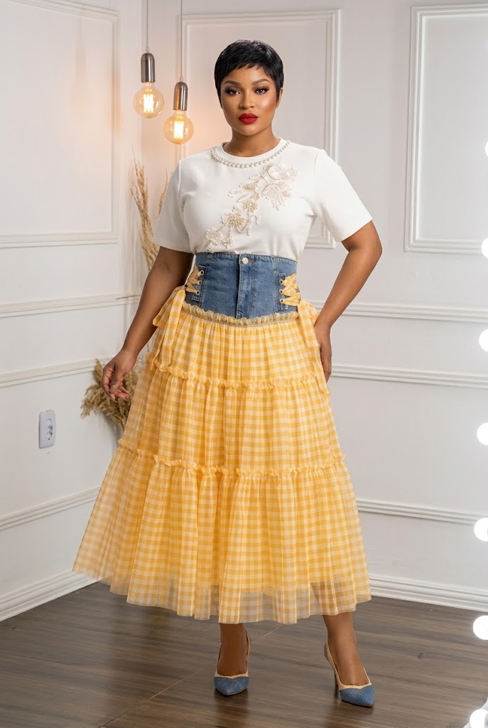 Denim Check Tiered Skirt
