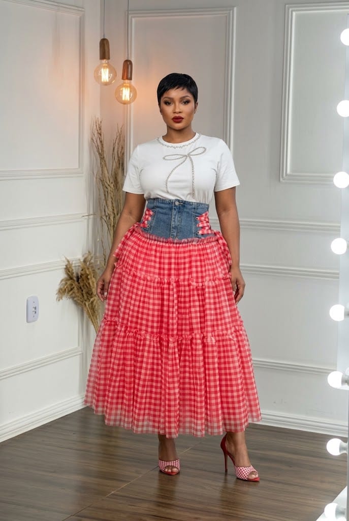 Denim Check Tiered Skirt