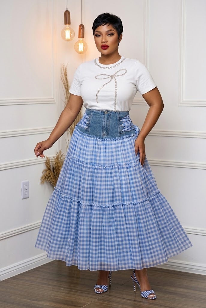 Denim Check Tiered Skirt